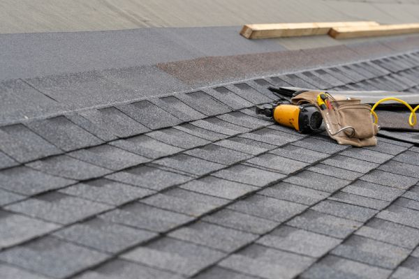 Image show close up of a row of newly placed asphalt shingles on a roof.