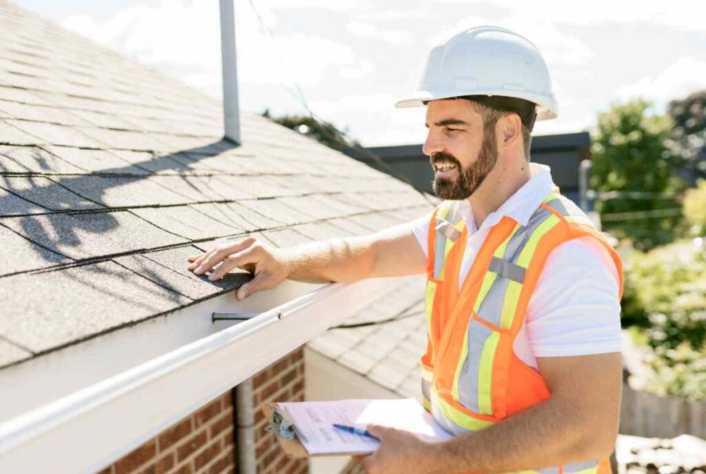 Image shows man in hard hat standing on a ladder inspecting the roof of a Central Florida home.