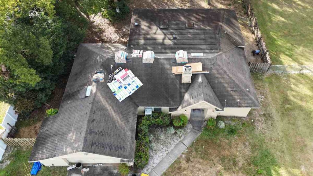 Image shows roof under repair