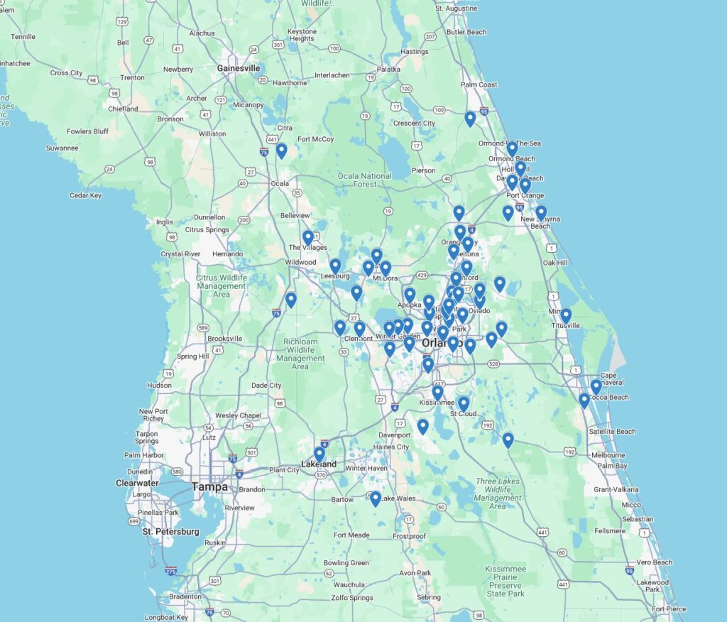 Image shows map of Central Florida with pins indicating the cities which Eave & Gable Roof provides services.